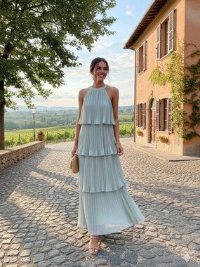 NEW AROSE STUDIO Lauren Halter Neck Pleated Swiss Dot Tiered Midi Dress